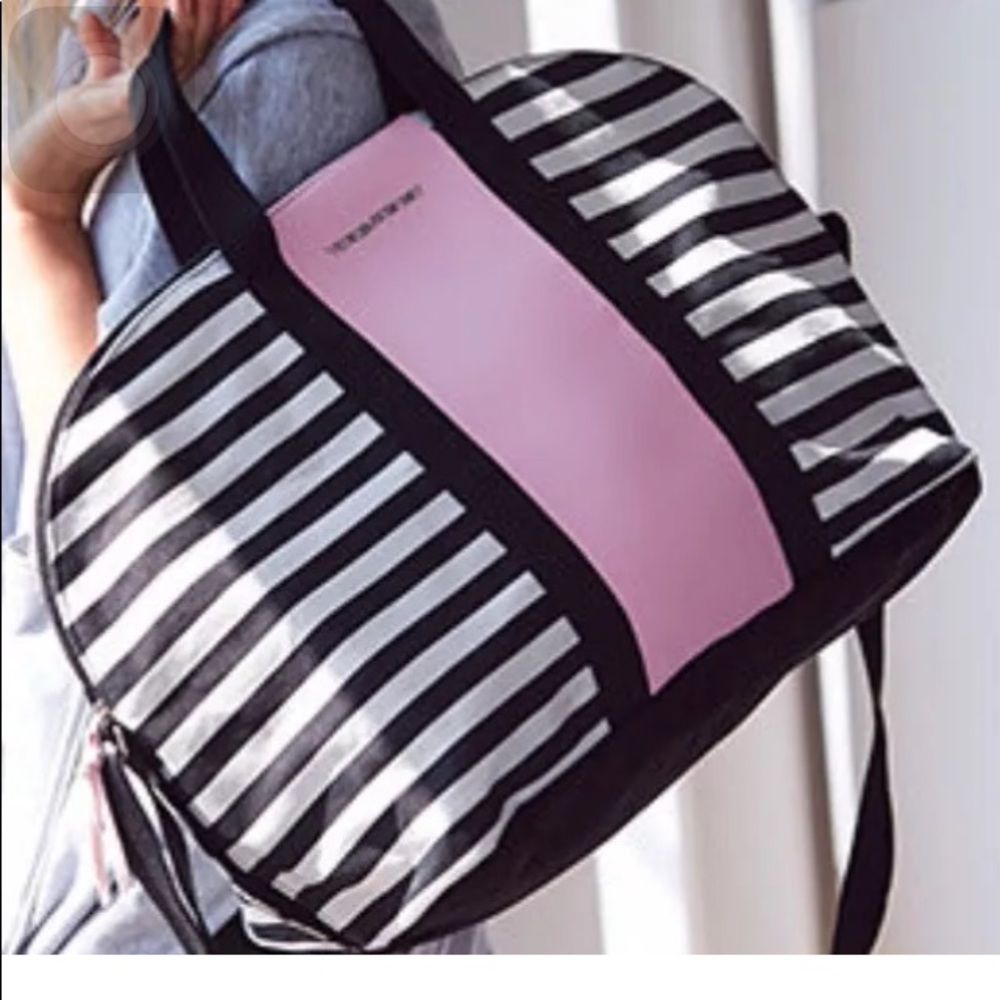 Victoria Security Pink Black Striped weekender Bag